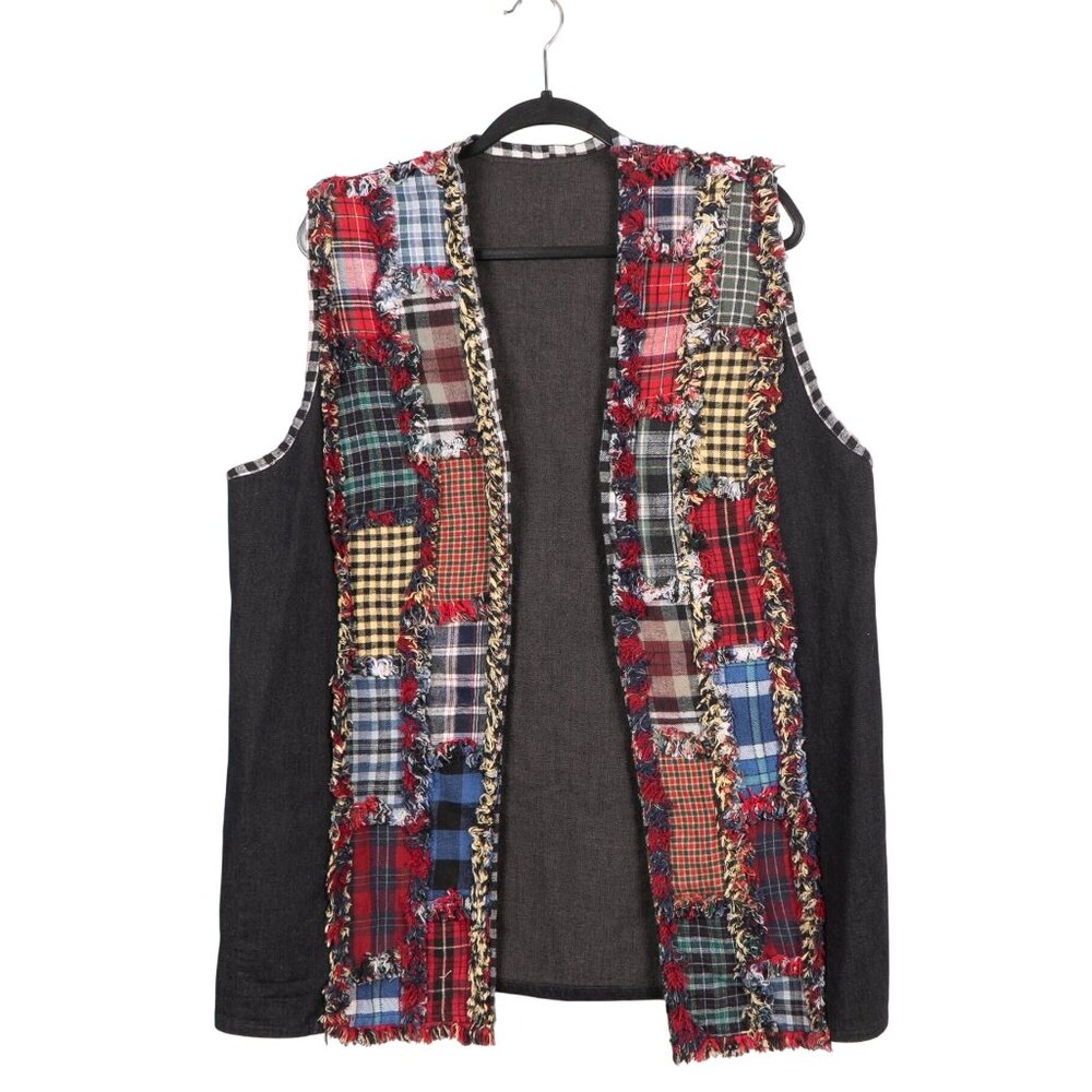 Patchwork Denim Vest L Frayed Edges Plaid Open Layering Piece Long Cottagecore